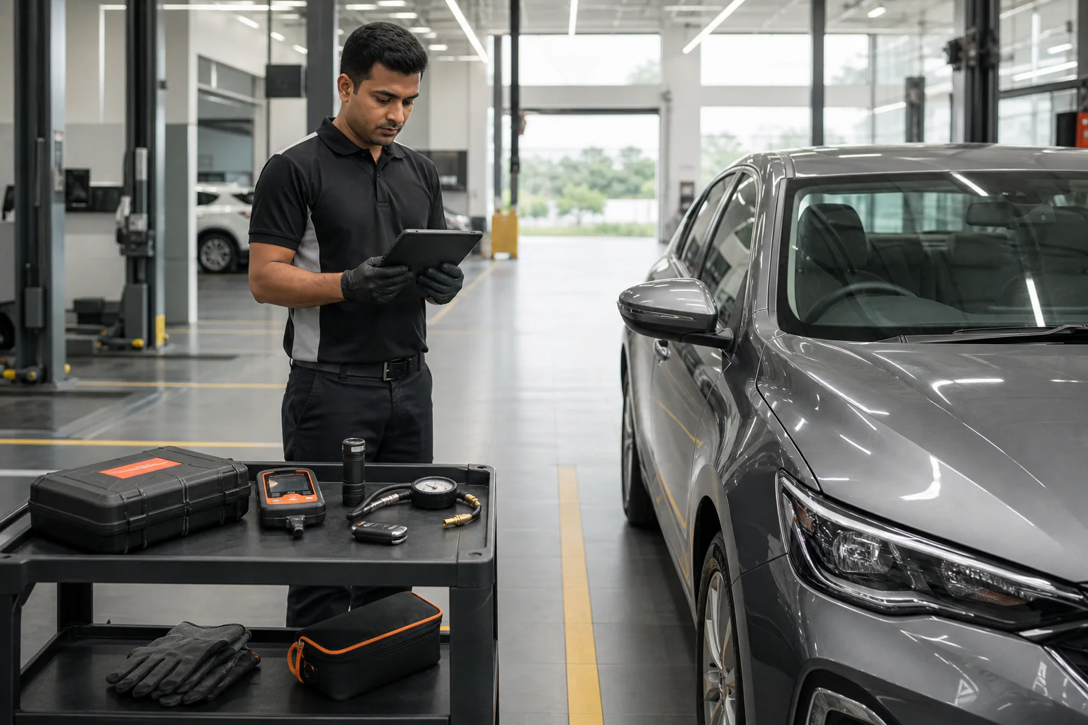 Vehicle inspection inside a dealership service facility